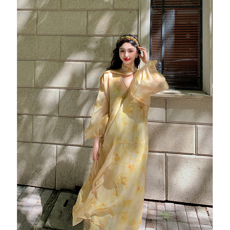 麓津自制《富桂满庭》秋天的落叶色系宽松长袖少女乖乖款连衣裙子