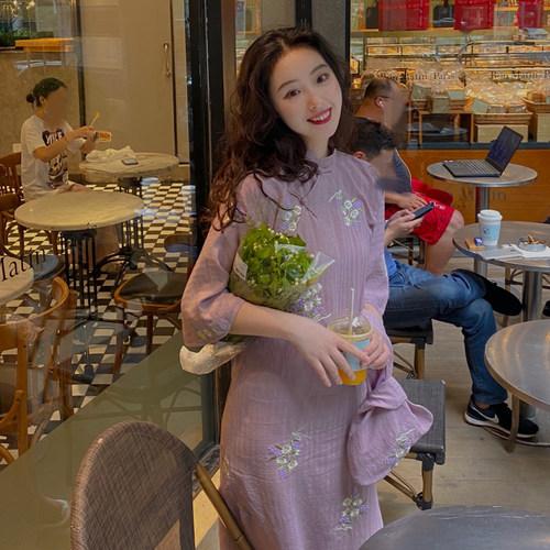 麓津自制《仲夏煮雪》旗袍2020年新款年轻宽松版日常紫色连衣裙女