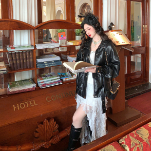 荔枝纹经典 vintage时髦慵懒黑色皮衣外套秋 伦敦记忆 麓津自制