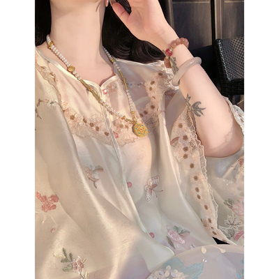 麓津自制《小仙蝶》浅金朦胧提花中式夏季透气轻薄云肩上衣衬衫女
