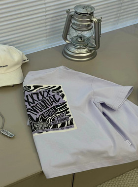 韩国童装潮牌X家淡紫色斑马图圆领短袖T恤2026夏男女大童休闲街舞