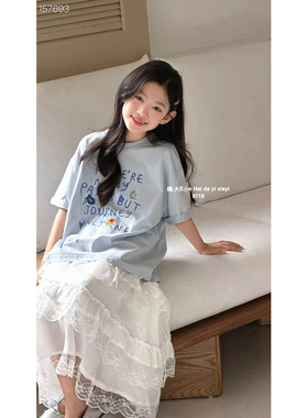 潮牌DEXE蓝色短袖T恤显白浪漫女童2026夏装新款大童洋气亲子拍照