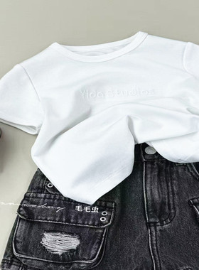潮牌YD简约白色短袖字母正肩T恤男女童2026夏装大童百搭打底亲子
