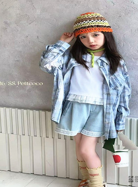 潮牌卡通唐老鸭显白格子衬衫男女童2026春装新大童洋气时尚外套薄