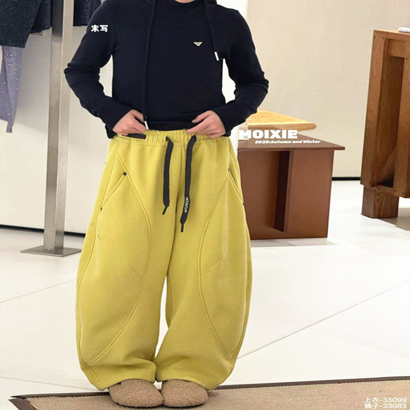 潮牌MOUXIE家五色一体绒针织裤男女童2025冬装新款大童洋气高街韩