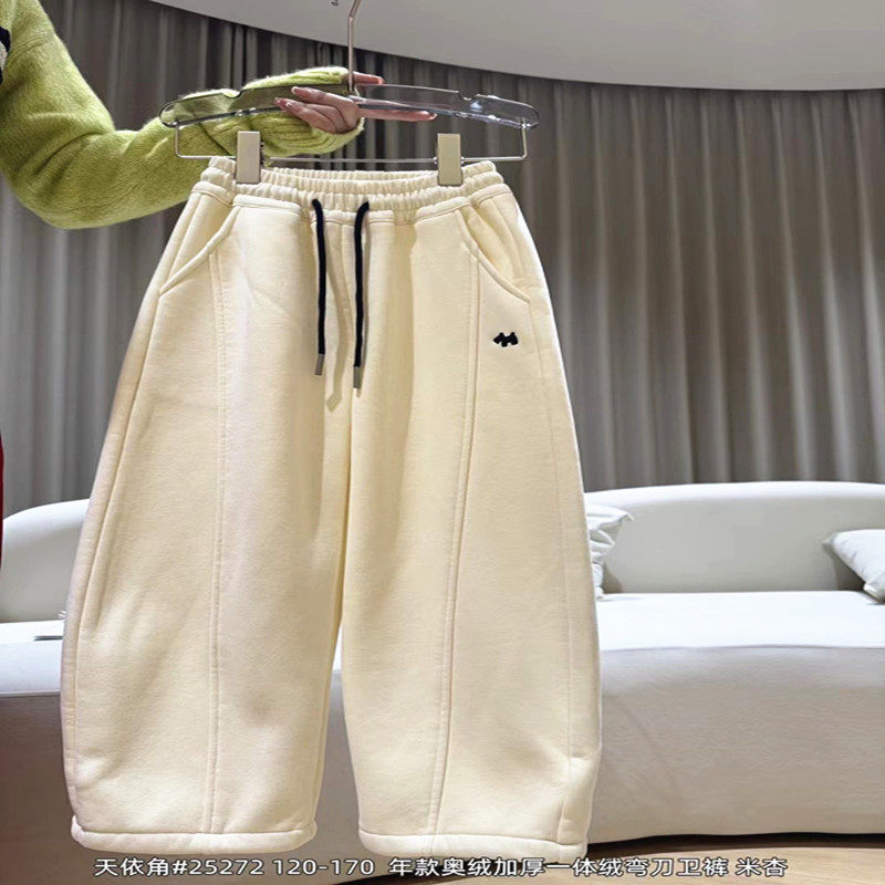 潮牌TYJ五色奥利一体绒运动裤男女童2025冬新大童亮眼炸街小马标