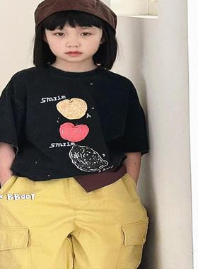 韩国童装潮XZ家儿童黑色苹果T恤＋黄色工装裤套装2025夏款中大童