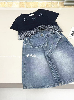 潮派特可可蝴蝶结短袖T搭配NY浅色腰包牛仔中裤女童2026夏新大童