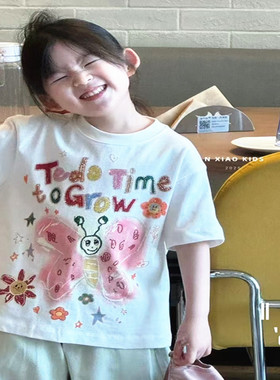 韩国童装女童TD蝴蝶可爱字母短袖t恤025夏新洋气时髦体恤儿童卡通