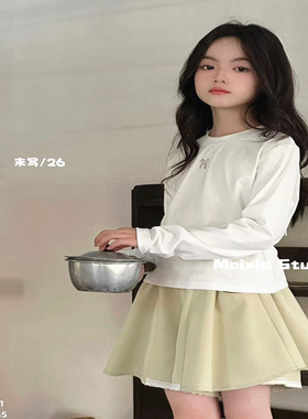 潮牌蝴蝶结背后镂空蝴蝶丝带长袖白色T恤女童2026春装新大童韩版