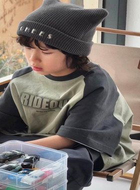 韩国童装潮牌RID灰绿色插肩袖圆领短袖T恤2025夏季洋气男女大童新