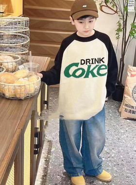 韩国童装潮牌COKE插肩袖圆领套头女童毛衣2025冬款男童洋气针织潮
