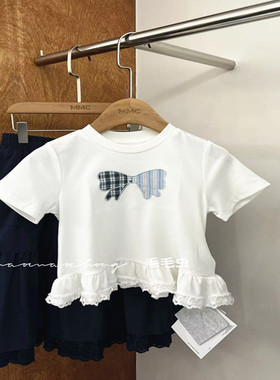 潮牌木耳边蝴蝶结T恤短袖可爱正肩女童2026夏装新大童亲子小女人