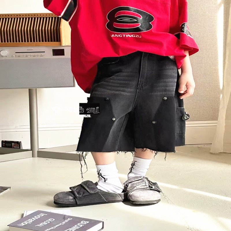 潮牌dingzu黑色牛仔铆钉工装中裤男女童2026夏装新大童潮酷毛边韩