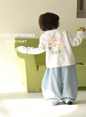 潮牌卡通漫画两色长袖T恤男女童2026春装新大童满满活力百搭韩版