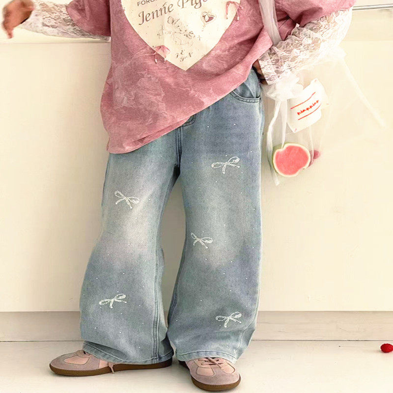 潮亮钻蝴蝶结直筒长裤女大童2026春装新亲子洋气纯女生显腿长韩版,童装/婴儿装/亲子装,儿童牛仔裤,淘宝优惠券,粉丝福利购,淘宝优惠卷