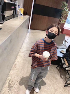 韩国童装潮牌LP家条纹宽松T恤女童2026夏装短袖上衣洋气百搭亲子