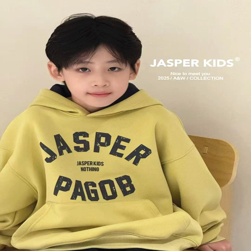 潮牌字母加绒姜黄色卫衣男女童2025冬装新款大童显白神器套头衫韩