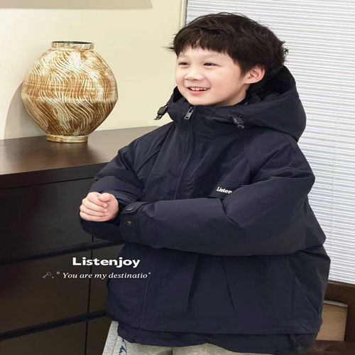 潮牌LJ家藏青连帽羽绒服男女童2026冬新儿童大童工装户外风外套韩