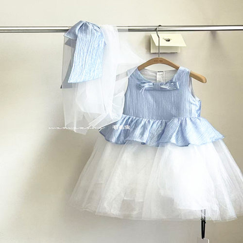 潮牌蓝色花童佩带头纱发圈主持人表演礼服裙女童2026夏大童毕业服