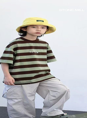 潮牌洋气两色条纹字母圆领短袖男女童2026夏装新大童青少年亲子韩