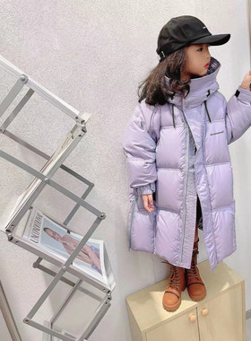 韩国童装潮牌紫色中长款连帽轻便羽绒服外套男女童2025冬款宽松潮