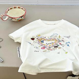 韩国童装DT女童可爱爱心短袖T恤儿童2026夏款中大童百搭甜甜亲子