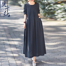 连衣裙格子休闲复古宽松大码 长裙 文艺长袖 棉麻新款 2019春秋季 女装