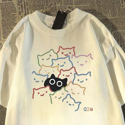 夏季纯棉宽松小猫咪印花情侣T恤