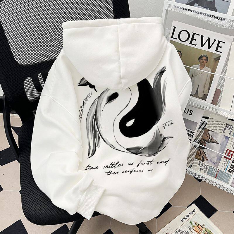 个性新款八卦鱼印花国潮连帽卫衣男秋冬学生宽松显瘦外套青少年潮