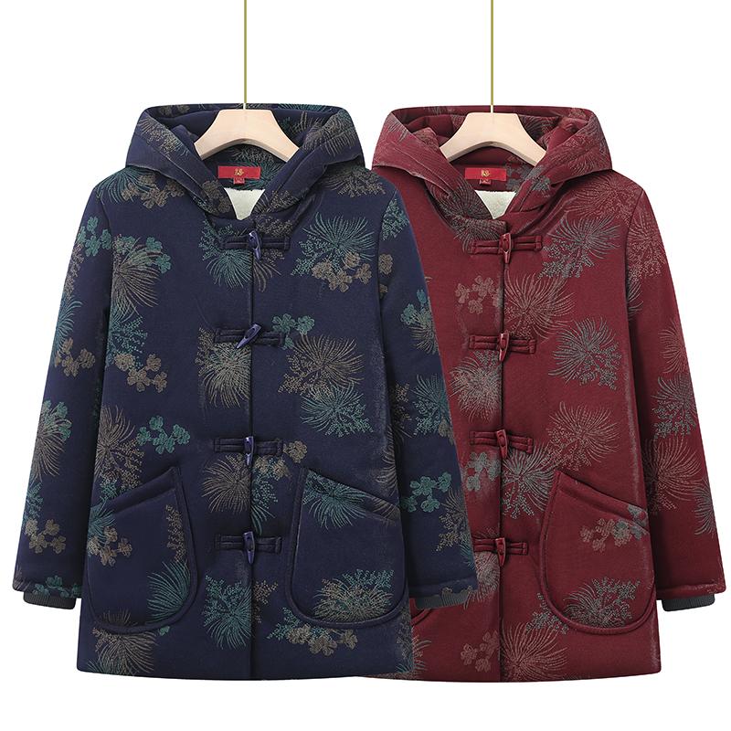 老年人冬装女奶奶加绒加厚棉衣中长款妈妈冬季连帽棉服老太太棉袄