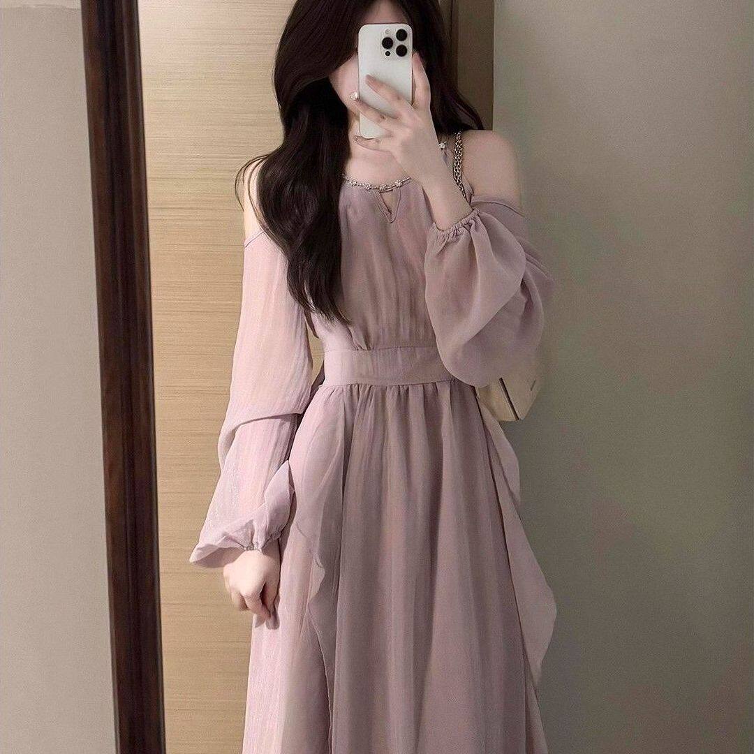 法式温柔风小个子荷叶边挂脖收腰超仙灯笼袖连衣裙秋季新款