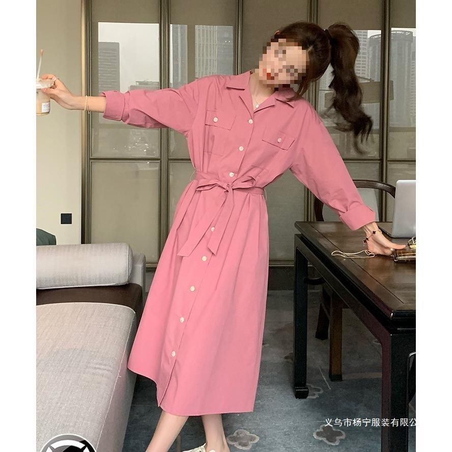 超好看漂亮粉色衬衫连衣裙女春秋2025超火减龄感桔梗长裙