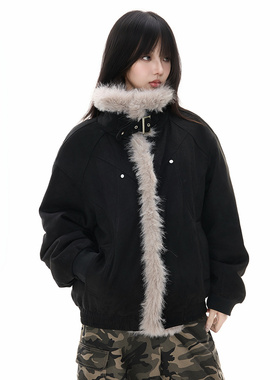 SKEER美式麂皮绒座山雕毛领棉服男女情侣冬新款棉衣加厚保暖外套