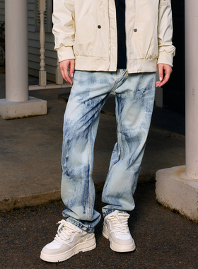 YORAINBOW复古水洗牛仔裤男款美式高街扎染裤子直筒裤女2025新款