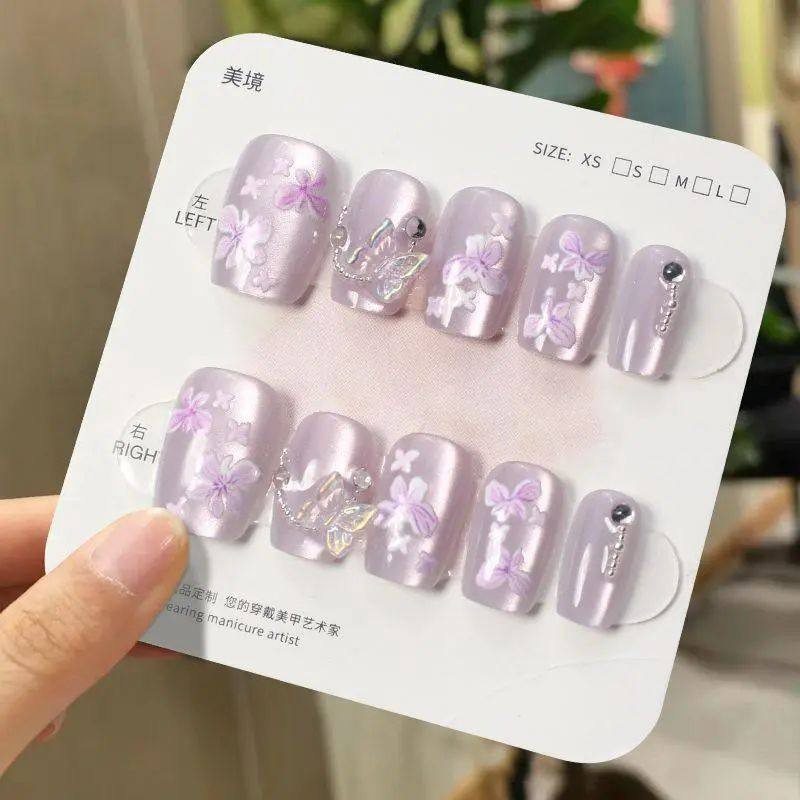 手工儿童美甲穿戴甲感短款紫色花花猫眼假指甲贴片2026年新款,彩妆/香水/美妆工具,美甲工具,淘宝优惠券,粉丝福利购,淘宝优惠卷