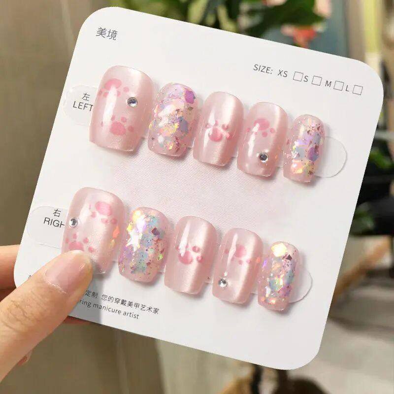 手工闪粉猫爪儿童美甲新款