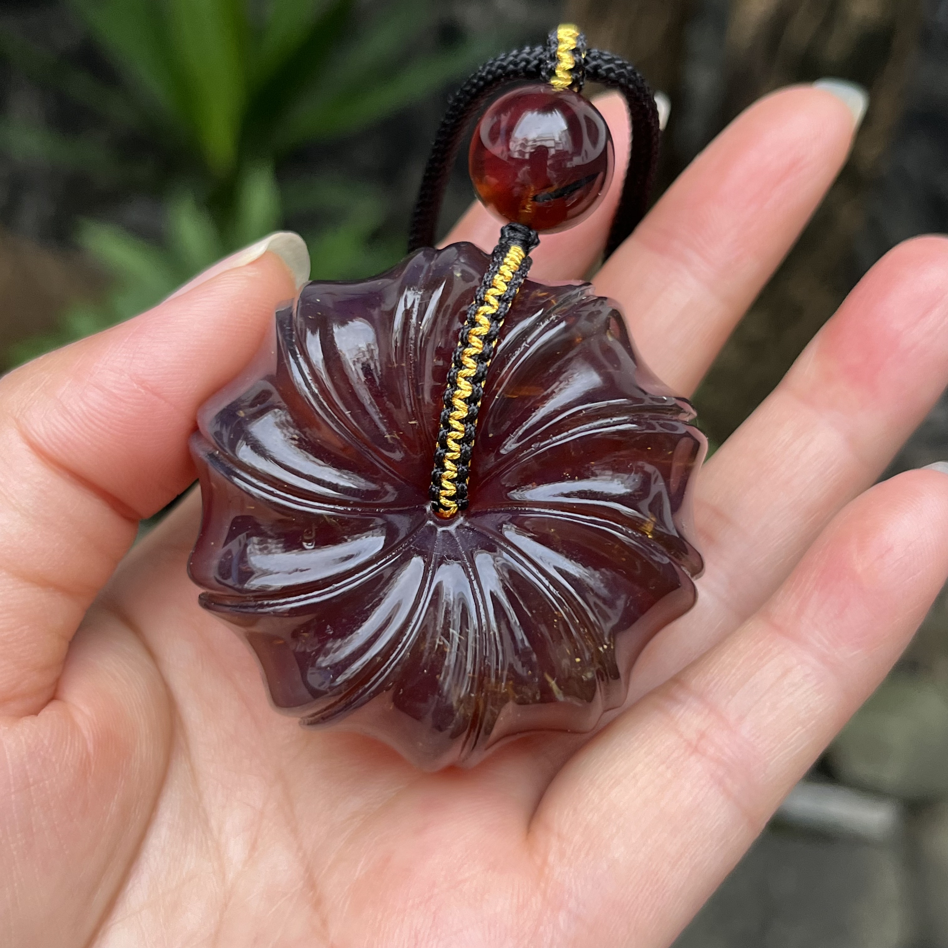 天然缅甸琥珀棕红特色雨花珀竹节平安扣吊坠琥珀项链50×26mm40克