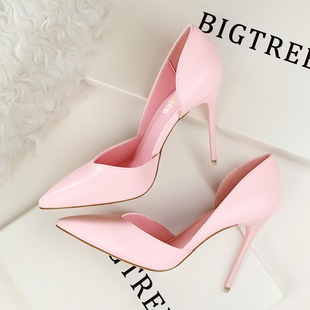 BIGTREE粉色高跟鞋浅口2025春秋新款职业侧空尖头性感气质单鞋OL