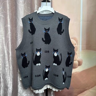 针织马甲猫咪提花宽松大码日系文艺森系复古百搭显瘦减龄百搭