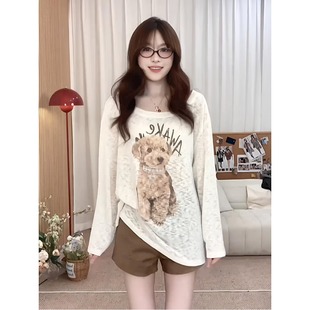 宽松遮肉显瘦T恤女 大码 微胖mm韩系小狗印花长袖 斜肩上衣夏季 新款