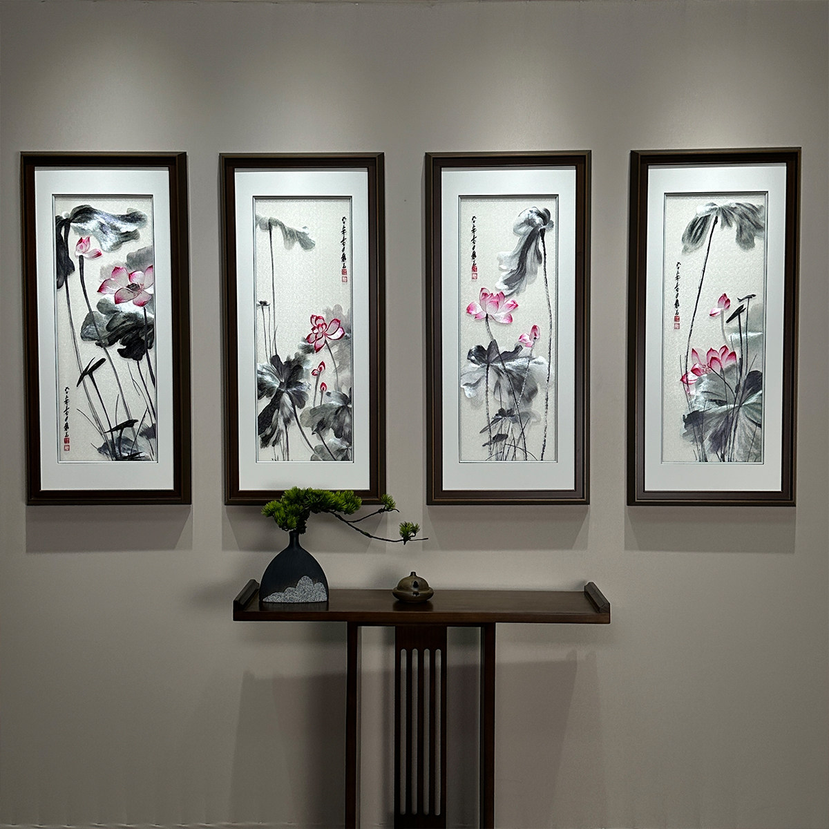 荷花刺绣四联条屏装饰画屏风苏绣国画成品新中式中国风书房画墨荷