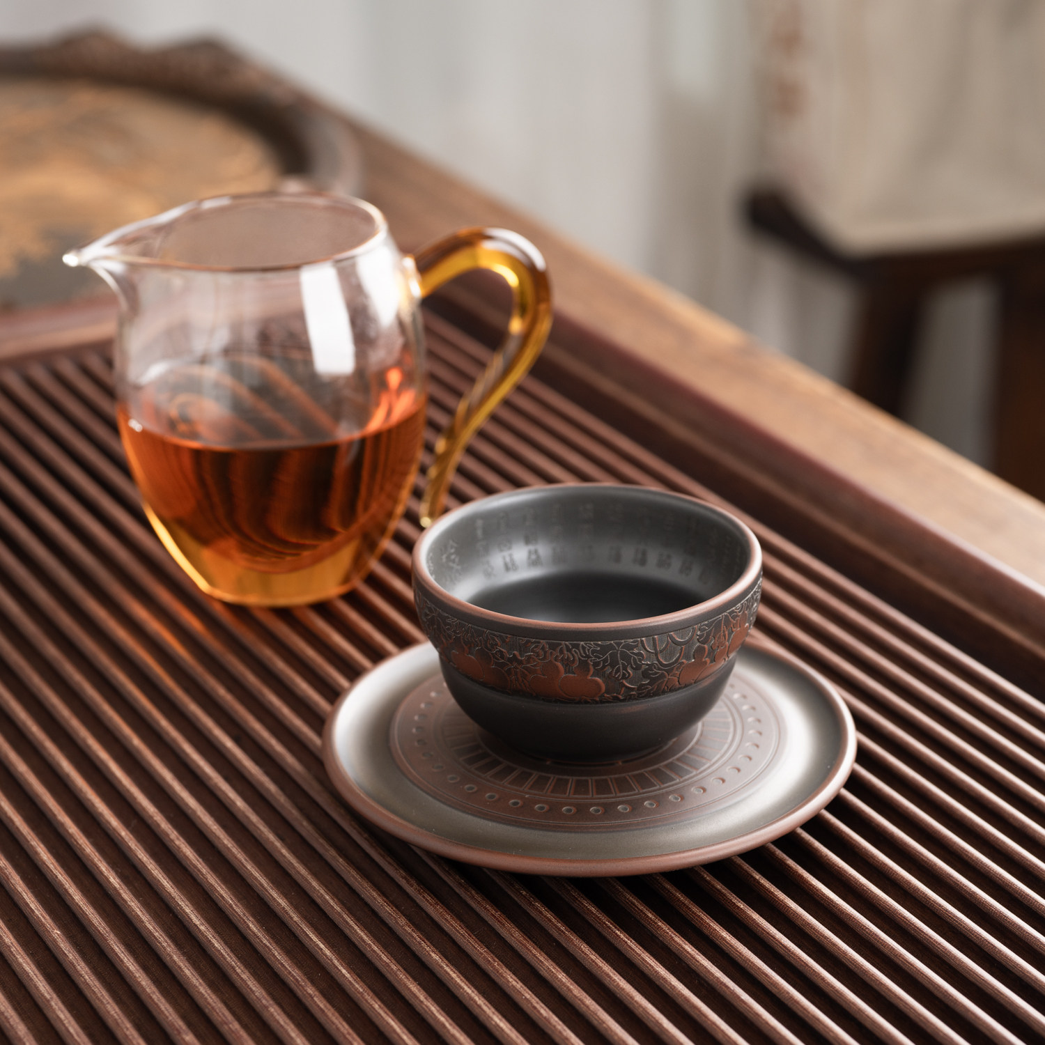 钦州坭兴陶茶杯葫芦杯内刻福字杯