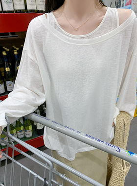 白色针织上衣女春秋薄款宽松长袖t恤打底衫设计感罩衫两件套背心