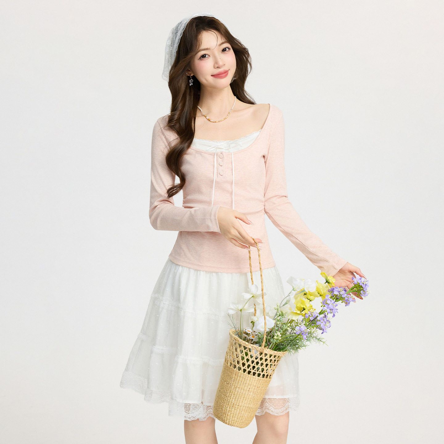 粉色蕾丝花边假两件蝴蝶结长袖内搭T恤春季新款修身打底衫上衣女