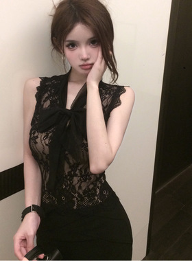 纯欲蝴蝶结蕾丝无袖背心上衣时尚套装女夏季