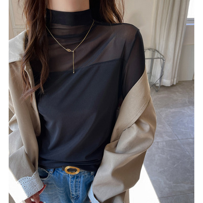 秋冬纯欲半高领网纱长袖打底衫