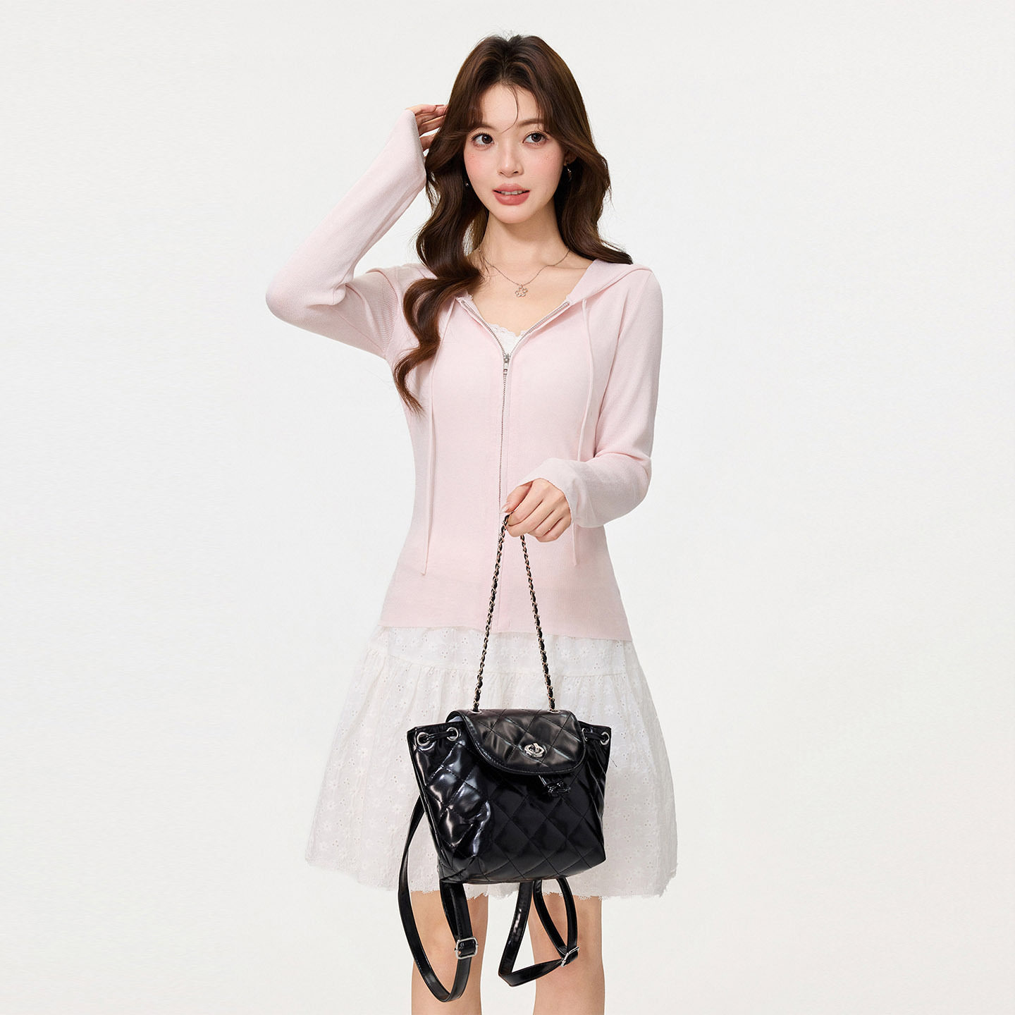 粉色连帽长袖针织开衫拉链外套2026春季新款修身薄款高级感上衣女