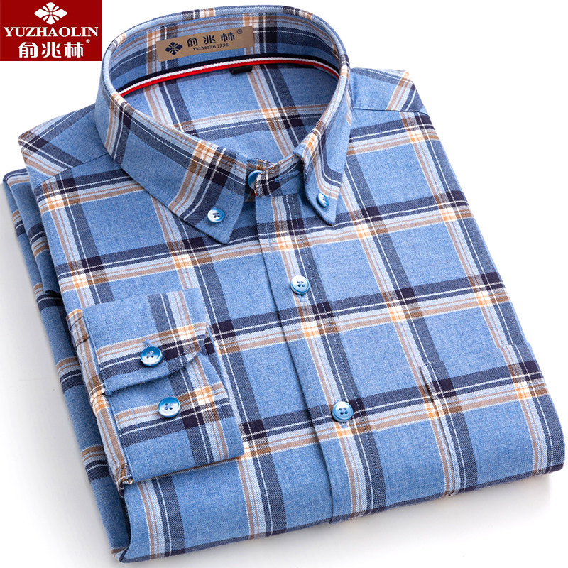 俞兆林长袖衬衫男2020秋季商务休闲男装纯棉格子中年男士扣领衬衣