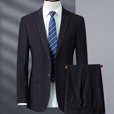 黑白条纹西装套装正装两件套男士